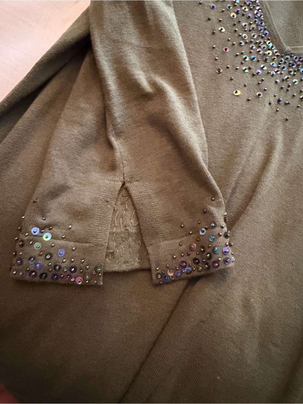 Karen Kane Olive Green Knit Top with Subtle Sheen - Picture 4 of 8